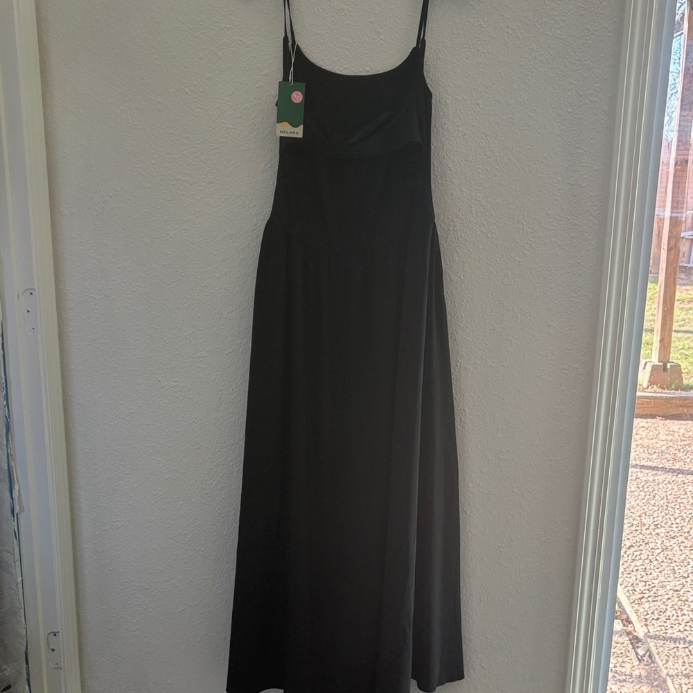 HALARA Black Maxi Slip Dress with Spaghetti Straps